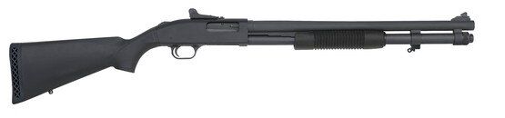 Pump action 12 gauge shotgun with ghost ring sights, black.